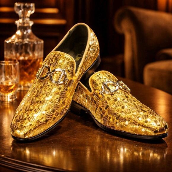 Enzo Romeo Men’s Gold Metallic Woven Rhinestone Loafers Horsebit Size 8 main image 9